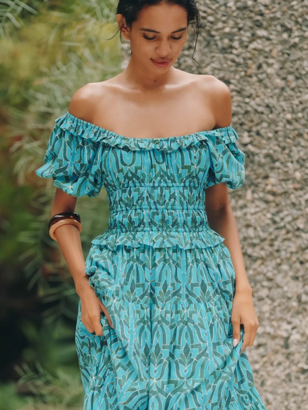 Anthropologie Ro's Garden Percy Puff-Sleeve Midi Dress in Blue Green Pattern NWT